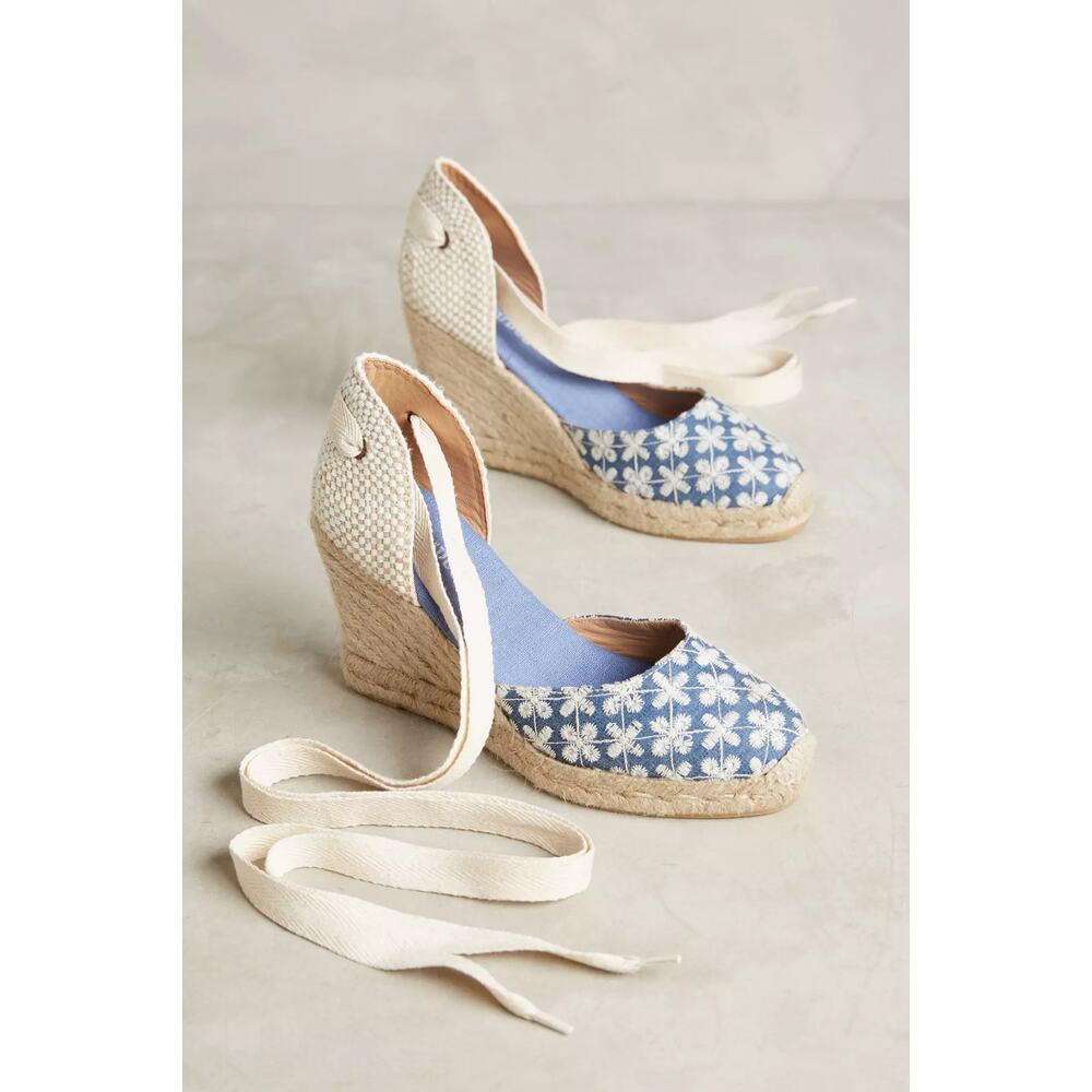 Soludos Blue Floral Espadrille Wedge Sandals with Cream Wrap Ties